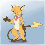  anthro blep blue_hair female front_view generation_1_pokemon genitals gradient_background hair hi_res kerchief kerchief_only long_tail mostly_nude neckerchief neckerchief_only nintendo one_eye_closed pokemon pokemon_(species) pussy raichu sealer4258 simple_background solo standing tail tongue tongue_out 