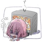  1girl amaori_renako chibi flattened hair_ornament long_sleeves open_mouth pink_hair purple_eyes school_uniform short_hair simple_background solo takeshima_eku television translation_request watashi_ga_koibito_ni_nareru_wake_naijan_murimuri white_sleeves x_hair_ornament 