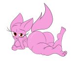  2022 anthro big_breasts breasts domestic_cat felid feline felis female fluffy fluffy_tail fur hair hi_res mammal nsfwtheodore pink_body pink_fur red_eyes simple_background solo tail thick_thighs wide_hips 