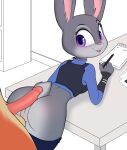  2023 anthro balls bottomwear bottomwear_down butt canid canine clothed clothing disney duo erection female fox fur furniture genitals grey_body grey_fur hi_res hot_dogging humanoid_genitalia humanoid_penis judy_hopps kobradraws lagomorph leporid looking_back male male/female mammal nick_wilde notebook open_mouth pants pants_down partially_clothed pen penis pink_nose police_uniform purple_eyes pussy rabbit red_fox smile table tail teeth tongue uniform zootopia 