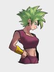  1girl closed_mouth dragon_ball dragon_ball_super earrings green_eyes green_hair grey_background jewelry kefla_(dragon_ball) kemachiku looking_away midriff navel potara_earrings profile short_hair simple_background smile solo super_saiyan 