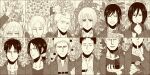  5girls 6+boys annie_leonhardt armin_arlert buzz_cut character_request christa_renz commentary_request connie_springer eren_yeager finger_to_mouth flower freckles frown greyscale grin hair_between_eyes holding holding_flower index_finger_raised jacket jean_kirchstein kaos_(kkkakao) marco_bodt medium_hair mikasa_ackerman monochrome multiple_boys multiple_girls raised_eyebrow sasha_braus scarf serious shingeki_no_kyojin short_hair smile very_short_hair 