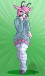  absurd_res anthro balls chastity_cage chastity_device clothed clothing curvy_figure deer digital_media_(artwork) eyewear genitals girly glasses hi_res jumper leggings legwear looking_at_viewer male mammal marvelous_managerie penis simple_background solo solo_focus tail 