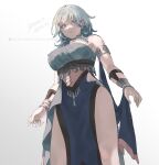  1girl 91007 alternate_costume armlet artist_name bare_shoulders blue_eyes blue_hair breasts byleth_(female)_(fire_emblem) byleth_(fire_emblem) closed_mouth dancer_(three_houses) fire_emblem fire_emblem:_three_houses frown gradient_background highres large_breasts light_blue_hair looking_at_viewer medium_hair pelvic_curtain simple_background solo twitter_username white_background 