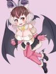  1girl absurdres animal_ears bat_ears bat_wings bile_sause breasts brown_eyes brown_hair brown_long-eared_bat_(kemono_friends) elbow_gloves extra_ears fingerless_gloves gloves grey_hair highres kemono_friends kemono_friends_v_project leotard long_hair looking_at_viewer microphone pantyhose purple_background shoes simple_background skirt solo virtual_youtuber wings 