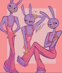  anthro clothed clothing fgremlin08 glitch_productions gloves group handwear hi_res jax_(the_amazing_digital_circus) lagomorph leporid male mammal overalls purple_body rabbit rabbit_ears red_clothing simple_background the_amazing_digital_circus trio yellow_clothing yellow_gloves yellow_handwear yellow_sclera yellow_teeth 