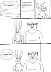  2023 anthro bed bernielover blush canid canine clothing comic dialogue disney duo english_text fan_character fox furniture gideon_grey hi_res lagomorph leporid male mammal overalls overweight overweight_male rabbit shirt text topwear zootopia 