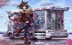  1girl :d ahoge animal_ears black_hair black_thighhighs blue_sky bob_cut cherry_blossoms cloud commentary_request day dekotora full_body hair_ribbon highres horse_ears horse_girl horse_tail kitasan_black_(umamusume) leg_up looking_at_viewer medium_hair motor_vehicle multicolored_hair open_mouth outdoors red_eyes red_footwear red_ribbon reflection ribbon shiyo_tsubame sky smile solo standing streaked_hair tail thighhighs truck two-tone_hair umamusume 