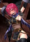  1girl armpits arms_up bdsm bit_gag black_thighhighs blue_stripes bondage bound breasts commission gag highres mizuno_asami nel_zelpher purple_eyes red_hair restrained scarf short_hair skeb_commission solo st._andrew&#039;s_cross star_ocean striped striped_scarf sweat thighhighs torn_clothes 