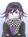  1boy alternate_costume black_hair black_jacket black_scarf breath checkered_clothes checkered_scarf danganronpa_(series) danganronpa_v3:_killing_harmony flipped_hair gradient_background hair_between_eyes hairband highres jacket long_sleeves looking_at_viewer oma_kokichi open_clothes open_jacket pink_shirt purple_eyes purple_hairband scarf shirt sleeves_past_wrists snowing solo suiren_yurei upper_body white_scarf 
