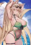  1girl animal_ears armpits arms_up bikini blonde_hair blush bow bowtie breasts cleavage collarbone covered_navel eyewear_on_head fox_ears fox_girl fox_tail highres kitsune large_breasts long_hair looking_at_viewer navel ocean original outdoors parted_lips ponytail solo stomach swimsuit tail thigh_strap thighs tukikagerou tying_hair very_long_hair wet yellow_eyes 