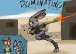  anthro black_nose bullet_casing canid canine clenched_teeth clothed clothing controller dipstick_ears disney duo english_text female fox game_controller gloves green_eyes gun handwear judy_hopps lagomorph leporid male mammal multicolored_ears nick_wilde pink_nose purple_eyes rabbit ranged_weapon rifle scut_tail shieltar short_tail tail teeth text tongue tongue_out weapon zootopia 