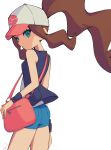  1girl bag baseball_cap black_vest blue_eyes brown_hair commentary denim denim_shorts hair_through_headwear hat high_ponytail highres hilda_(pokemon) long_hair looking_at_viewer looking_back noi_(noi_pk27) parted_lips poke_ball_symbol pokemon pokemon_(game) pokemon_bw shirt short_shorts shorts sidelocks simple_background symbol-only_commentary vest white_background white_shirt 