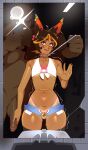  2boys animal_ears ankh_piercing anu_(virgilzsz) blue_eyes bra brown_hair cellphone chain chain_leash clothing_request combos_&amp;_doodles dark-skinned_female dark-skinned_male dark_skin flat_chastity_cage highres holding holding_leash holding_phone huge_penis leash looking_at_viewer mirror multiple_boys navel navel_piercing nude open_mouth original otoko_no_ko panties penis penis_grab phone piercing pink_bra pink_lips pink_panties short_shorts shorts smartphone tan tanlines underwear yaoi 