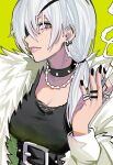 1girl absurdres belt chainsaw_man choker earrings eyepatch grey_eyes highres jewelry lips looking_at_viewer necklace one_eye_covered quanxi_(chainsaw_man) sailen0 smoking white_hair 