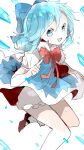  1girl :d absurdres blue_bow blue_dress blue_eyes blue_hair bow bowtie cirno commentary_request dress hair_between_eyes hair_bow highres ice ice_wings light_blush looking_at_viewer open_mouth pointing pointing_up puffy_short_sleeves puffy_sleeves red_bow red_bowtie red_footwear short_sleeves simple_background smile solo touhou white_background wings xxxx_saki 