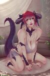  1girl au_ra bikini bracelet breasts commission dragon_horns dragon_tail final_fantasy final_fantasy_xiv hanging_breasts highres horns indoors jewelry kneeling leaning_forward lips looking_at_viewer medium_breasts multicolored_hair necklace pink_eyes red_hair scales short_hair_with_long_locks solo soranamae swimsuit tail two-tone_hair white_hair 