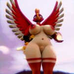  1:1 3d_(artwork) big_breasts breasts digital_media_(artwork) feathers female fire generation_2_pokemon genitals hand_on_hip ho-oh legendary_pokemon navel nintendo nipple_tape pasties pokemon pokemon_(species) pussy red_body red_feathers solo tape thick_thighs xlkev 