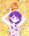  1boy arms_up cactus colored_skin flower_pot grin holding holding_flower_pot kel_(headspace)_(omori) kel_(omori) looking_at_viewer official_art omocat omori parted_lips plant potted_plant purple_eyes purple_hair short_hair smile solo teeth upper_body white_skin 