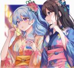  2girls :d aoiro_050 bang_dream! blue_eyes blue_hair blue_kimono blurry blurry_background brown_hair cup floral_print flower food hair_flower hair_ornament highres holding holding_cup holding_spoon japanese_clothes kimono light_blue_hair long_hair matsubara_kanon medium_hair multiple_girls okusawa_misaki open_mouth pink_kimono purple_eyes shaved_ice side_ponytail smile spoon standing sweatdrop yukata 