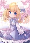  1girl blonde_hair blue_bow blue_bowtie blue_dress blue_eyes bow bowtie child dress flower frilled_dress frilled_sleeves frills hair_ornament highres long_sleeves looking_at_viewer medium_hair momochi_chia original petite solo tagme 