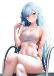  absurdres bare_shoulders bikini blue_eyes blue_hair blush borrowed_character breasts cleavage collarbone croenji crossed_legs hand_in_own_hair highres long_hair looking_at_viewer medium_breasts midriff minah_(chaesu) navel open_mouth original simple_background sitting solo sportswear swept_bangs swimsuit thighs very_long_hair wet wet_clothes white_background 