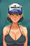  1girl black_camisole black_hair breasts camisole cleavage collarbone earrings fubuki_(one-punch_man) green_eyes hat highres jewelry large_breasts medium_hair one-punch_man regular_show ribosoma_42 smile solo upper_body 