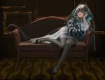  1girl :d aqua_eyes arknights black_footwear black_pantyhose couch empty_picture_frame fingerless_gloves gloves grey_hair hand_on_own_cheek hand_on_own_face head_rest head_wings highres ho&#039;olheyak_(arknights) long_coat long_hair long_sleeves looking_at_viewer lying nnicoinu open_mouth pantyhose picture_frame revision sitting smile snake_tail tail white_gloves wings 