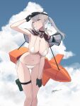  1girl absurdres alternate_costume artist_name ass_visible_through_thighs bikini black_choker black_gloves black_headwear blue_eyes blue_sky breasts capelet choker cleavage cloud cloudy_sky commentary_request dated feet_out_of_frame fritz_x gloves graf_zeppelin_(kancolle) grey_hair highres kantai_collection large_breasts leaning_forward long_hair navel odachu outdoors partially_fingerless_gloves side-tie_bikini_bottom sky solo swimsuit thigh_strap twintails visor_cap white_bikini 