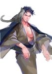  1boy absurdres affectionate alternate_design bara bare_pectorals black_hair blue_eyes feet_out_of_frame haori highres japanese_clothes kimono kuro_(kuroshima_kurishiro) kuroshima_kurishiro_(muyi24108414) large_pectorals looking_at_viewer male_focus mature_male muscular muscular_male open_clothes open_kimono original pectorals samurai sheath sheathed short_hair solo thick_eyebrows undercut unfinished 