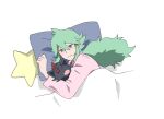  1boy 99akt1031 closed_mouth commentary_request crossed_bangs from_above green_eyes green_hair hair_between_eyes long_hair long_sleeves lying male_focus n_(pokemon) pink_shirt pokemon pokemon_(creature) pokemon_(game) pokemon_bw shirt smile under_covers zorua 