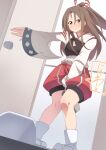  1girl arm_up bathroom between_legs blush brown_hair closed_mouth commentary_request door dutch_angle embarrassed full_body hair_between_eyes hair_ribbon hand_between_legs have_to_pee headband indoors japanese_clothes kantai_collection kimono knees_together_feet_apart long_hair long_sleeves looking_down minamimachi_naname muneate outstretched_arm peeing peeing_self pigeon-toed puffy_shorts raised_eyebrows red_ribbon red_shorts ribbon sandals shorts sidelocks socks solo split_mouth squat_toilet standing striped striped_ribbon tabi tears white_kimono white_socks wide_sleeves yellow_eyes zuihou_(kancolle) 