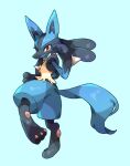  1other animal_ears animal_feet animal_hands black_fur blue_background blue_fur blue_theme body_fur closed_mouth commentary_request feet fighting_stance furry hand_up highres leg_up looking_at_viewer lucario multicolored_fur other_focus pawpads pokemon pokemon_(creature) red_eyes sideways_mouth simple_background snout solo spikes standing standing_on_one_leg tail thick_thighs thighs towa_(clonea) wolf_ears wolf_tail yellow_fur 
