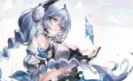  1girl aether_gazer bare_shoulders black_gloves blue_eyes blue_hair breasts cleavage detached_sleeves dress et_atr3 fingerless_gloves from_side gloves hair_between_eyes headgear highres ice long_hair looking_at_viewer medium_breasts poseidon_(aether_gazer) sidelocks smile solo upper_body white_dress white_sleeves 