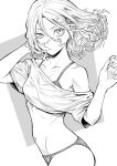  1girl bare_shoulders bikini border collarbone floating_hair grey_background hand_in_own_hair highres iro_marimo looking_at_viewer medium_hair monochrome navel original shirt simple_background solo swimsuit swimsuit_under_clothes white_background white_border 