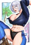  1girl abs angel_(kof) backless_pants black_gloves blue_eyes bra breasts chaps cleavage crop_top cropped_jacket fingerless_gloves gloves hair_over_one_eye highres jacket large_breasts leather leather_jacket long_sleeves looking_at_viewer midriff muscular muscular_female navel one_eye_covered panties pants short_hair snk solo strapless strapless_bra susudango the_king_of_fighters the_king_of_fighters_xiv toned underwear white_hair zipper 
