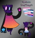  2019 anthro apollysabyss bigender bigender_flag bigender_pride_colors biped black_clothing blue_clothing character_name clothing domestic_cat english_text eyelashes felid feline felis fur gradient_clothing hair mammal model_sheet nyabula_(apollysabyss) paws pink_clothing pronouns purple_body purple_ears purple_fur purple_hair solo text transfeminine_pride_colors 