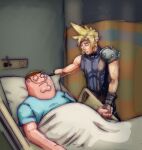  2boys absurdres armor bed black_shirt blonde_hair blue_shirt bodko_(comradebodko) brown_gloves clip_studio_paint_(medium) closed_eyes cloud_strife crossover english_commentary family_guy final_fantasy final_fantasy_vii fingerless_gloves frown glasses gloves highres hospital_bed lying male_focus meme multiple_boys parted_lips peter_griffin peter_i_told_you_(meme) round_eyewear shirt shoulder_armor sleeveless sleeveless_shirt spiked_hair v-shaped_eyebrows 