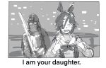  1boy 1girl animal_ears black_border border bow bowtie collarbone commentary crossover darth_vader ear_ornament energy_sword english_text greyscale hair_over_one_eye highres holding_lightsaber horse_ears horse_girl i_am_your_father_(meme) lightsaber long_sleeves meme monochrome open_mouth pointing pointing_at_self sailor_collar sailor_shirt school_uniform shirt sketch star_wars star_wars:_the_empire_strikes_back sword tracen_school_uniform umamusume upper_body vodka_(umamusume) weapon winter_uniform yuyuyukke 