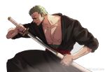  1boy bare_pectorals black_kimono closed_eyes closed_mouth feet_out_of_frame fighting_stance from_side green_hair highres japanese_clothes kimono long_sideburns male_focus mcbuckwheat muscular muscular_male one_piece pectorals profile roronoa_zoro scar scar_across_eye sheath short_hair sideburns solo sword unsheathing weapon 