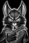  2023 anthro clothed clothing coat domestic_cat ears_up eyewear felid feline felis front_view fur glasses gloves gun handwear hi_res holding_gun holding_object holding_weapon lackadaisy looking_at_viewer male mammal mordecai_heller mouth_closed narrowed_eyes necktie nikraccoom ranged_weapon signature solo topwear weapon webcomic 