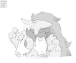  3_fingers absurd_res ambiguous_gender anthro areola biped breast_grab breast_play breasts chest_tuft disembodied_hand duo female fingers front_view generation_5_pokemon hand_on_breast hi_res monochrome nintendo open_mouth pokemon pokemon_(species) ponporio_(artist) tuft zoroark 