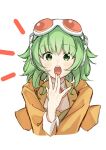  1girl absurdres goggles goggles_on_head green_eyes green_hair gumi hand_up highres hymgkamui jacket light_blush long_sleeves medium_hair open_mouth solo upper_body vocaloid 