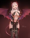  1girl artist_name bare_shoulders black_thighhighs breasts chain collar cross demon_girl demon_horns demon_tail demon_wings detached_collar detached_sleeves fangs garter_belt gauntlets grey_hair habit haneame highres horns large_breasts navel open_mouth original pelvic_curtain pointy_ears revealing_clothes second-party_source slit_pupils tail thighhighs white_collar wings yd_(orange_maru) yellow_eyes 