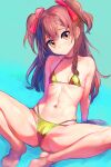  1girl arms_behind_back bare_arms bare_shoulders barefoot bikini breasts brown_hair choker cleavage closed_mouth collarbone gold_bikini gold_choker hair_ribbon head_tilt highres long_hair navel orange_eyes original red_ribbon ribbon small_breasts smile solo swimsuit tsukiyono_aroe two_side_up underboob 