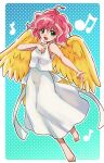  1girl angel angel_wings bad_source blue_background blush curly_hair dress full_body green_eyes harpy_(puyopuyo) highres higurashi_73 looking_at_viewer madou_monogatari musical_note open_mouth pink_hair puyopuyo short_hair smile solo white_dress wings yellow_wings 