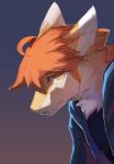  anthro blue_clothing blue_jacket blue_topwear cheek_tuft clothed clothing dragon ears_back facial_tuft fur furred_dragon hair hi_res jacket kutto kuttoyaki male mouth_closed orange_eyes orange_hair pivoted_ears simple_background solo topwear tuft white_body white_fur yellow_body yellow_fur 