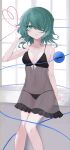  1girl absurdres bare_shoulders dress frills green_eyes grey_hair heart heart_of_string highres komeiji_koishi kuro_wa_shinoru lingerie looking_at_viewer see-through see-through_dress third_eye touhou underwear 