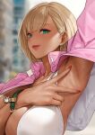  1girl absurdres arm_up armpits blonde_hair blurry blurry_background breasts character_request closed_mouth commission copyright_request dark_skin day earrings green_eyes highres jacket jacket_on_shoulders jewelry large_breasts licking_lips lips looking_at_viewer mute_(mute89539160) outdoors pixiv_commission red_nails spread_armpit sweat tan tongue tongue_out very_sweaty 