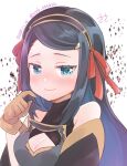  1girl artist_name atakigiri_(tenka_hyakken) bare_shoulders black_hair blue_eyes blush brown_gloves chest_armor cleavage_cutout closed_mouth clothing_cutout dated detached_sleeves diamond_(shape) gloves hairband hand_up long_hair looking_at_viewer one-hour_drawing_challenge red_ribbon ribbon sidelocks smile solo ssk_sasasa tenka_hyakken twitter_username upper_body 